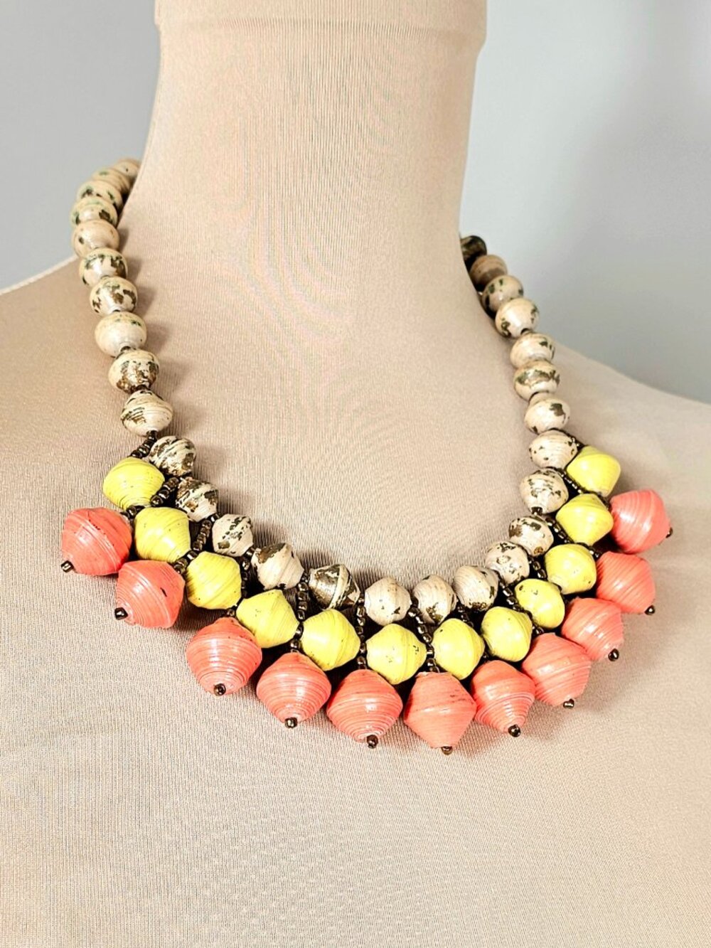 Teng Yue Paper Bead Bib Statement Necklace Coral Yellow Cream